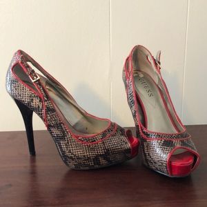 GUESS snakeskin peep toe heels, size 7